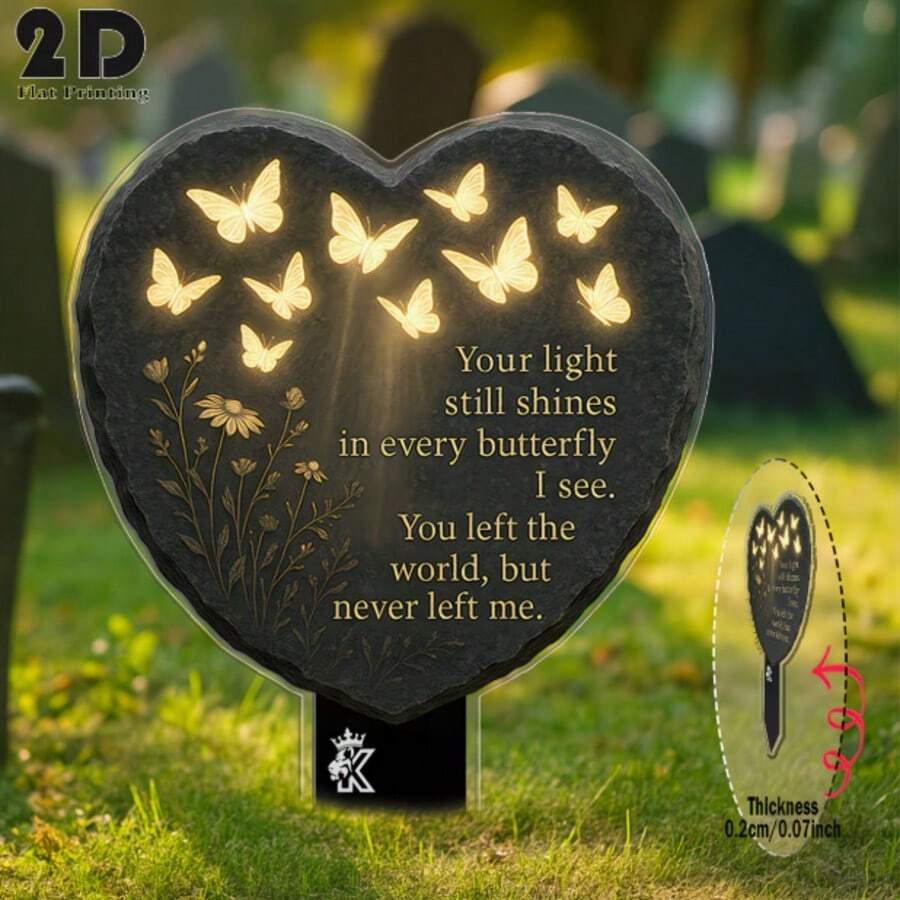Estaca de jardín conmemorativa con mariposa y corazón, marcador de lápida con texto reconfortante, decoración exterior impermeable en homenaje