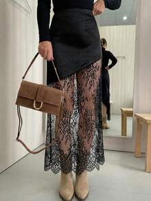 Falda de noche formal de unicolor con patchwork de encaje y transparencia - Negro - Ver 1