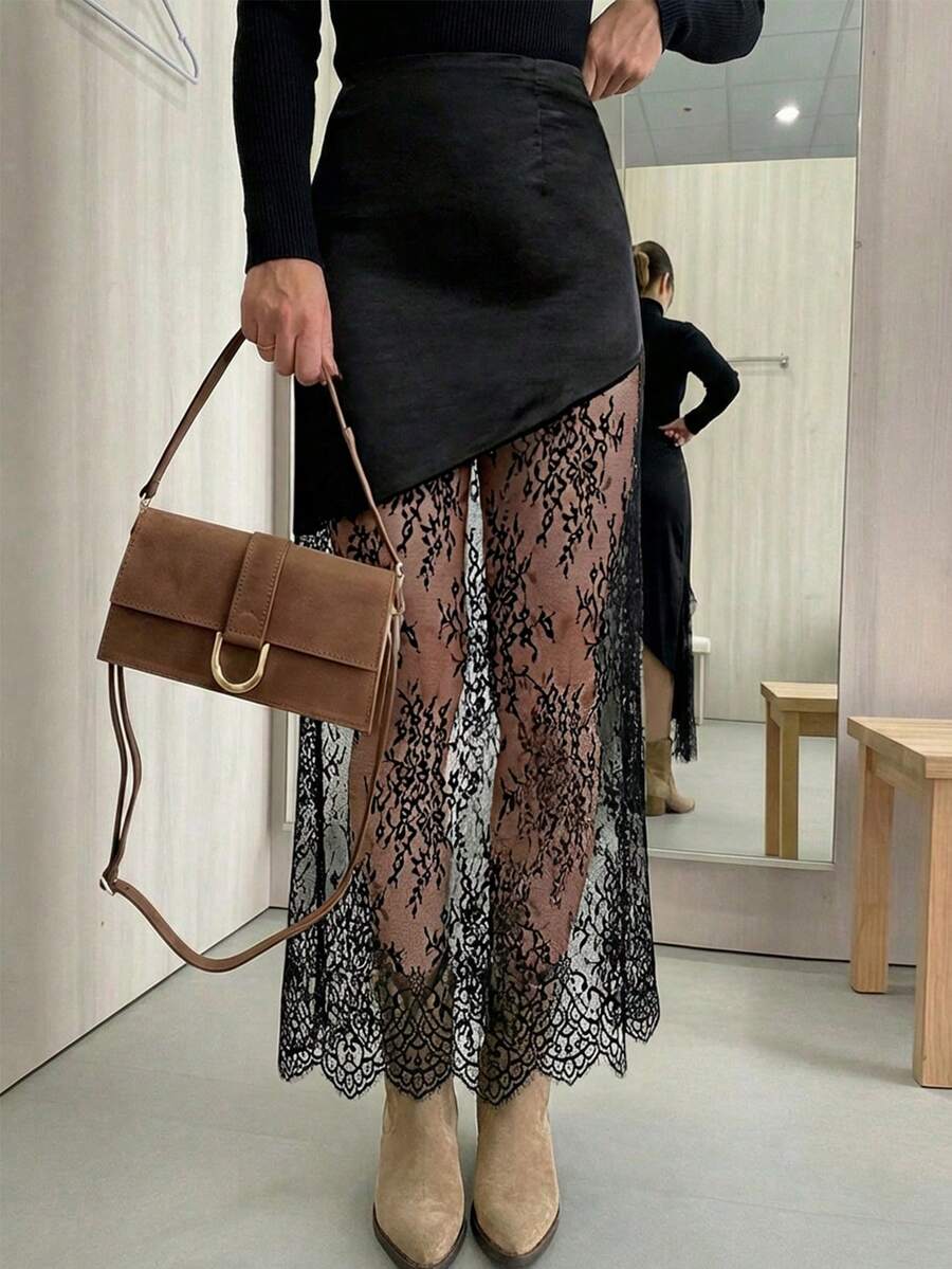 Falda de noche formal de unicolor con patchwork de encaje y transparencia - Negro - Ver 1