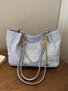 时尚条纹手提包 - 女士大容量单肩包 - 带拉链的日常手提包，配有金属链 - 藍色 - 查看 5