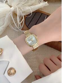 1pc Women's Stainless Steel Strap Watch, Classic Square Dial, Elegant Quartz Watch Suitable For Daily Wear, Business, Party - Gold - View 3
