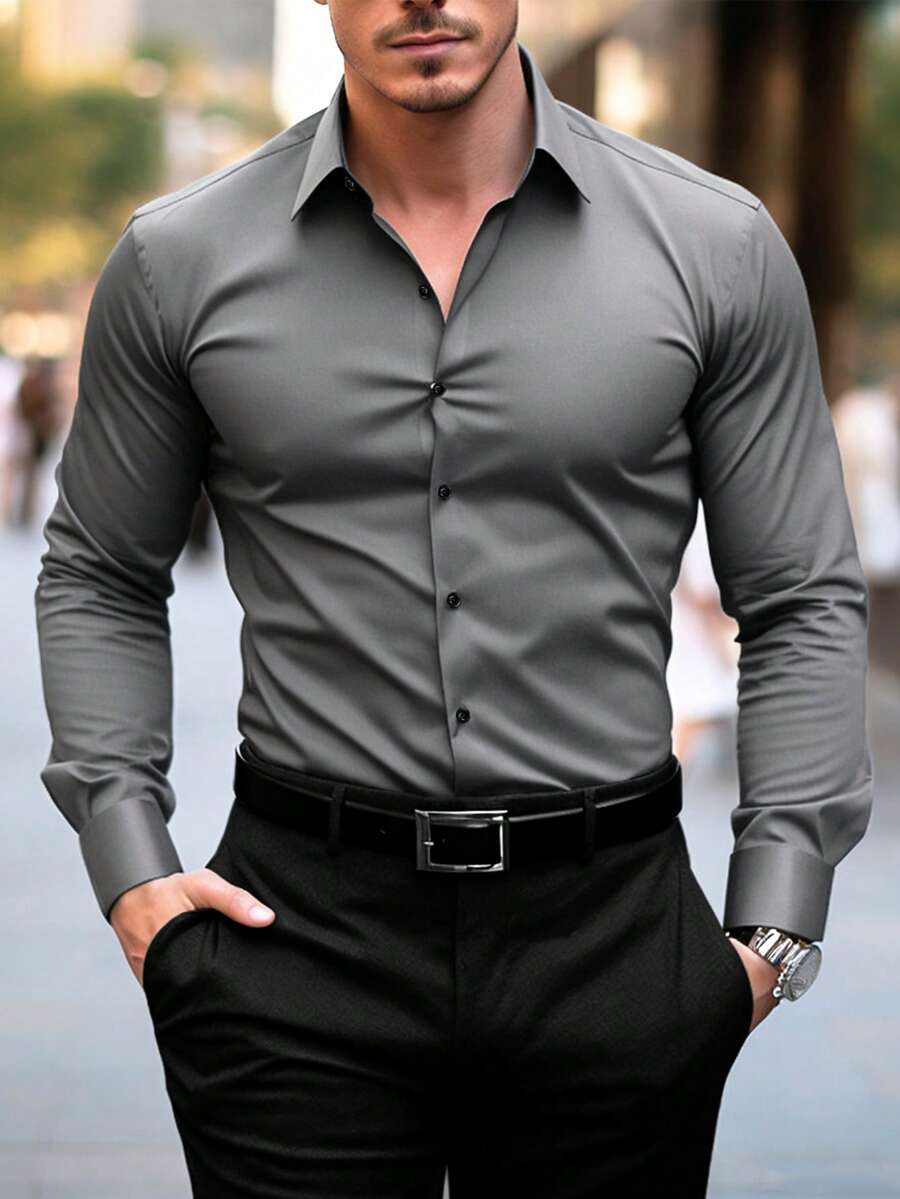 Men's Formal Solid Color Long Sleeve Single-Breasted Dress Shirt