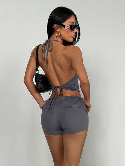 AITYI Studio 女士套装，夏季休闲纯色吊带露背时尚性感修身套装，适合户外街头通勤、居家等各种场合，百搭Y2K风格，也适合海滩派对、乡村度假、假日、毕业典礼、复活节、音乐节、母亲节等场合，吊带背心和针织短裤两件套。