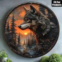 Vintage Wolf Head Aluminum Wall Art, 8 Inch Rustic Round Metal Plaque Decor For Home Living Room - 彩色 - 查看 1