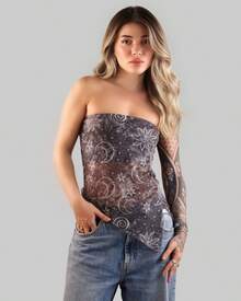 Women's Basic Asymmetrical Cropped Tube Top With Star, Sun, And Moon Print, Strapless, Summer Style, Lining, And Aitona - Stellar - View 1