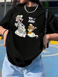 SHEIN X Tom & Jerry 夏季女款短袖T恤，經典卡通角色音樂主題趣味印花搭配品牌字母設計，休閒風 - 黑色 - 查看 4