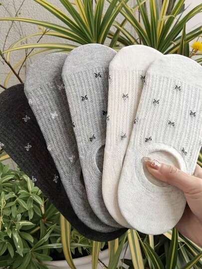 5 Pairs Women's Boat Socks, Featuring Mesh Bowknot Design, Breathable Invisible Short Socks, Korean University Style Versatile, Low-Cut Invisible Design