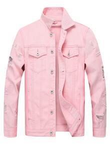 Keevoom Men's Light Pink Distressed Denim Jacket, Casual Ripped Button Up Jacket For Daily Wear - 粉色 - 查看 12