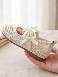 3-12 Years Old Girls' Summer Bestselling Mary Jane Flat Shoes. Peach/White Mesh Vamp Design. Adjustable Hook And Loop Closure. Non-Slip Rubber Sole. Sweet Princess Style. Suitable For Birthday Party And Summer Outfits! - Beige - View 7