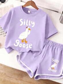 2pcs Girls Cartoon Print T-Shirt And Shorts Set, Creative Design, Suitable For Summer, Spring/Summer Outdoor Casual Wear - Mauve Purple - View 3