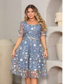 Luxury Short Party Dress In Tulle With Embroidered Belt, Lined, Short Sleeves. - Dusty Blue - View 3