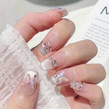 10pcs Short Trapezoidal Handmade Press-On Nails, High-End Elegant Fake Nails, Nude-Colored Nails, Colorful Butterflies, Removable And Reusable, Includes 1pc Adhesive And 1pc Nail File, Suitable For Daily Life, Work, School, Dates, Parties, And Dances. - S - 查看 5