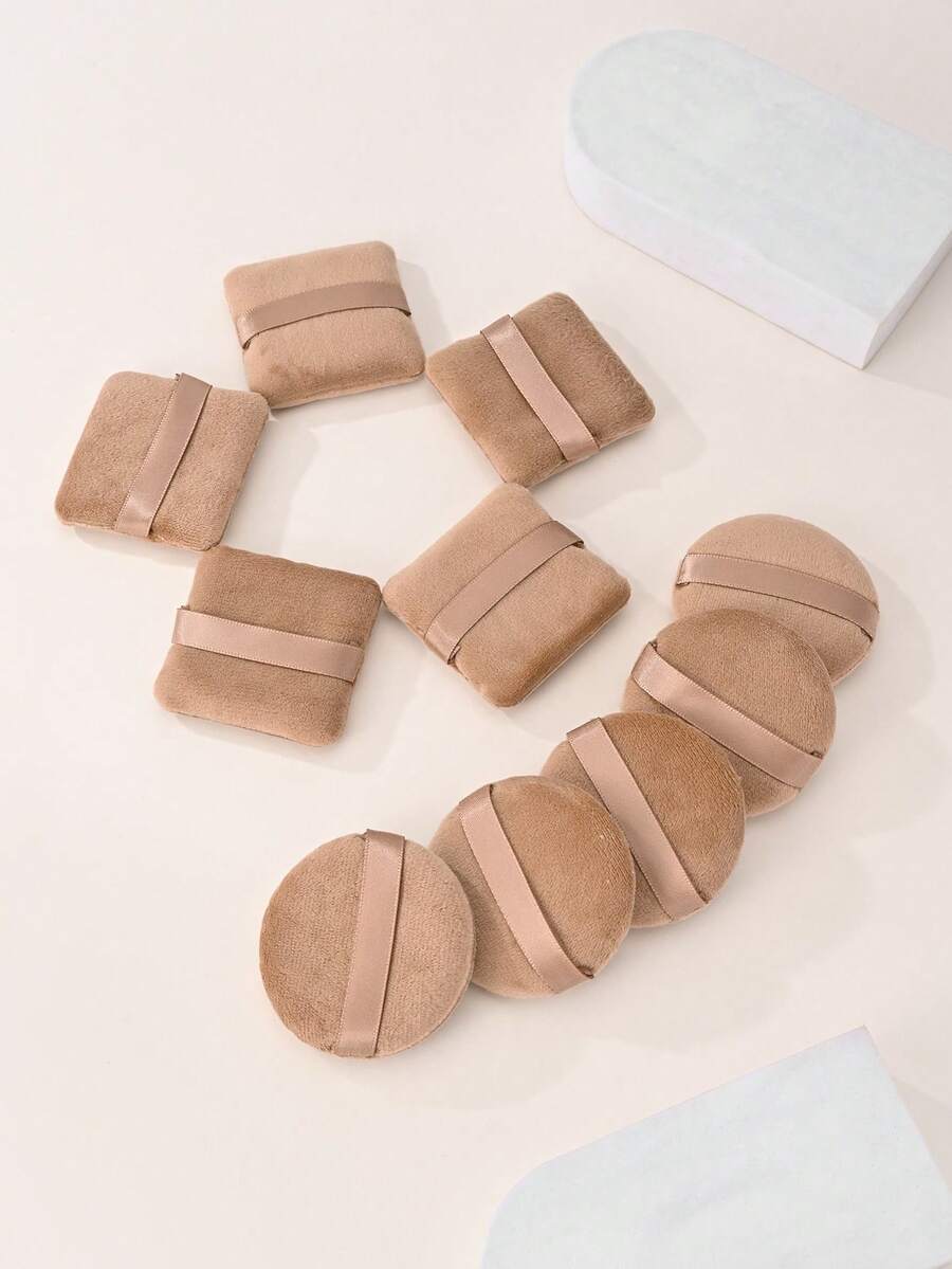 10个棕色化妆海绵套装，圆形和方形粉扑，可折叠手持，带挂绳，干湿两用，适合家庭或专业化妆师使用 - 棕色 - 查看 1