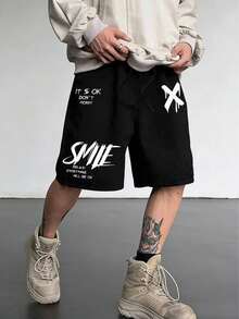 Quần short nam/thiếu niên dáng regular fit màu đen, in họa tiết, kiểu dáng thường ngày, có dây rút. - màu đen - Xem 8