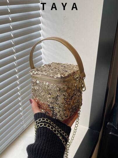 1pc Fashionable Sequin Mini Square Box Bag, Shiny Bling Bling Handbag With Detachable Chain Shoulder Strap, Top Handle Crossbody Bag, Glamorous Evening Clutch Suitable For Party, Wedding, Prom, Nightlife, Women Shiny Bucket Bag For Cocktail Party And Banquet