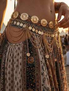 2pcs Retro Boho Style Daisy Petal & Flower Design Multi-Layer Coin Belly Chain, Sexy Arabian Tassel Waist Chain, Suitable For Beach, Holiday, Party Wear, Halloween, Campus Autumn, Autumn - 黃金 - 查看 3