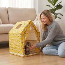 Casa para gatos de doble capa con estampado de pato amarillo, de lino transpirable con marco de metal - rayas negras - Ver 6