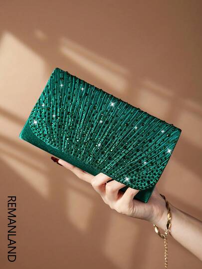 REMANLAND 1pc Shiny Elegant Pleated Rhinestone Women's Handbag, Fashionable Charming Ladies' Evening Bag, Envelope-Style Clutch With Hidden Card Slot, Shoulder Bag With Detachable Metal Chain, Ideal For Party Girls, Brides And Holiday Gifts