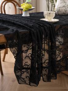 1pc Elegant French Floral Lace Trim Tablecloth, Fresh Decor For Dining Table, Holiday - Black - View 3