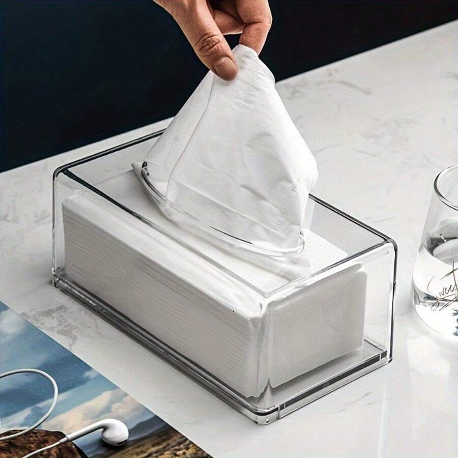 Transparent Acrylic Tissue Box Cover, Modern Bathroom & Living Room Decor, Smooth Paper Dispensing Design, Fits Standard Tissue Size, Suitable For Home, Office, Desktop - White - View 1