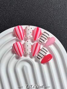 10pcs Handmade Press On Nails Short, Almond Nails, Cute Nails Y2k INS Style, Summer Nails, Pink Nails, Red Nails, White Nails, Polka Dot Nails, Striped Pattern, Solid Color Fake Nails, For Women & Girls Daily Commute, Party & Office Wear, Reusable Nail Set With Nail Tools, Nail Supplies - Black - View 3