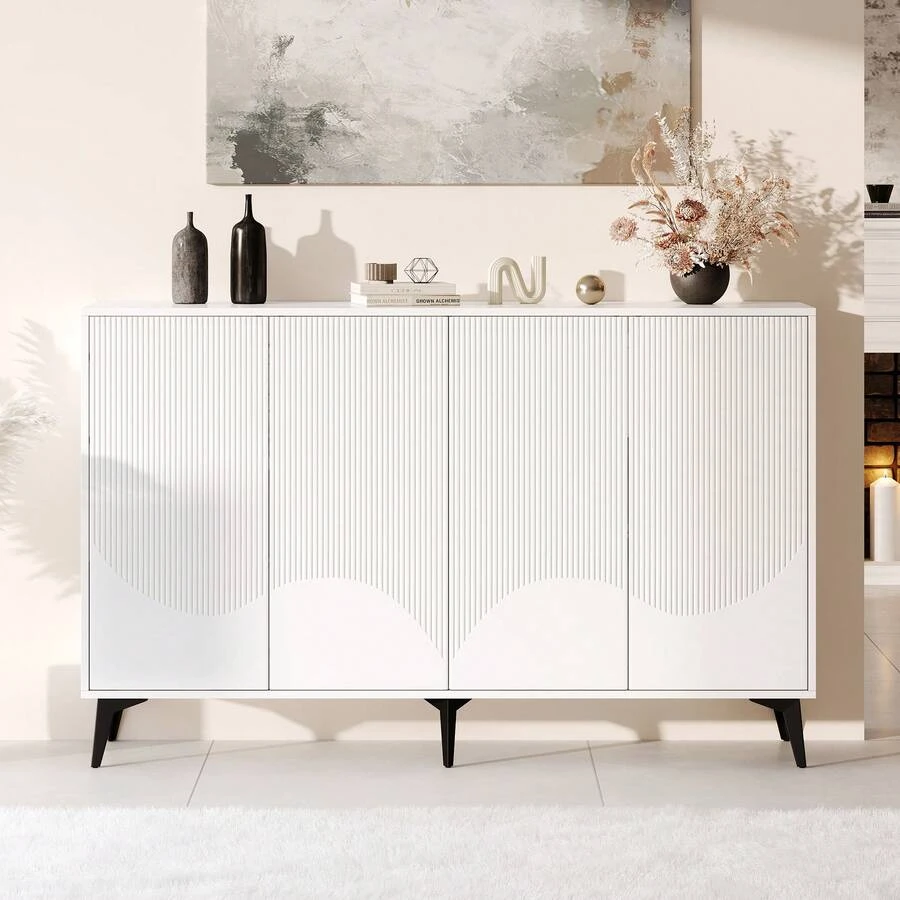 (=N625P210458459W) White Sideboard, 160 Cm Wide, Multifunctional Sideboard, Chest Of Drawers, Tall Display Cabinet With Adjustable Shelves, 4 Doors, Metal Legs - White - View 1