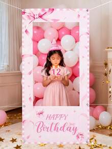 1 pieza Marco de fotos con lazo rosa, tela de fondo de marco rosa para fiesta de cumpleaños, decoración de cumpleaños de niña, recuerdo de baby shower, decoración de baby shower, suministros para bebé, accesorio para photobooth de feliz cumpleaños, telón de fondo para photobooth de fiesta, fondo rosa, decoración de cumpleaños rosa, suministros de fiesta de bebé, decoración de cumpleaños con lazo rosa, decoración rosa con lazo para cumpleaños, suministros de fondo para fiesta festiva - Multicolor - Ver 2