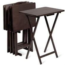 5-Piece TV Tray Folding Wooden Dinner Table Set With Compact Storage Rack, Espresso - Portable And Adjustable Home Furniture - Chocolate - View 1