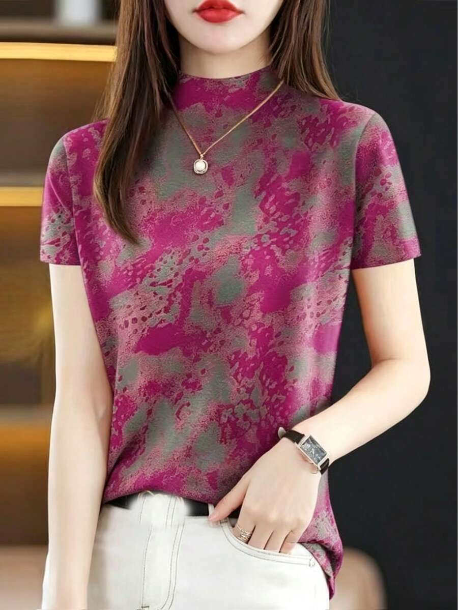 Áo thun cổ lọ tay ngắn in họa tiết cổ điển dành cho nữ, áo lót mùa hè co giãn ôm sát tôn dáng thanh lịch dành cho bà bầu, áo mặc thường ngày - Màu Hồng Tươi - Xem 1