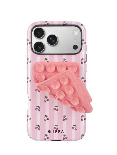 GIIPPA 1 Set Pink Striped & Cherry Design Phone Case + Pink Suction Cup, Suitable For IPhone 17 Pro Max, 16 Pro Max, 15 Pro Max, 14 Pro Max, Korean Stylish & Interesting Phone Case, Compatible With IPhone 11/12/13/14/15/20 Pro Max Plus, Elegant Design For Both Men And Women, Ideal Gift For Christmas, Valentine's Day, Easter, Wedding Season And Birthday For Girlfriend