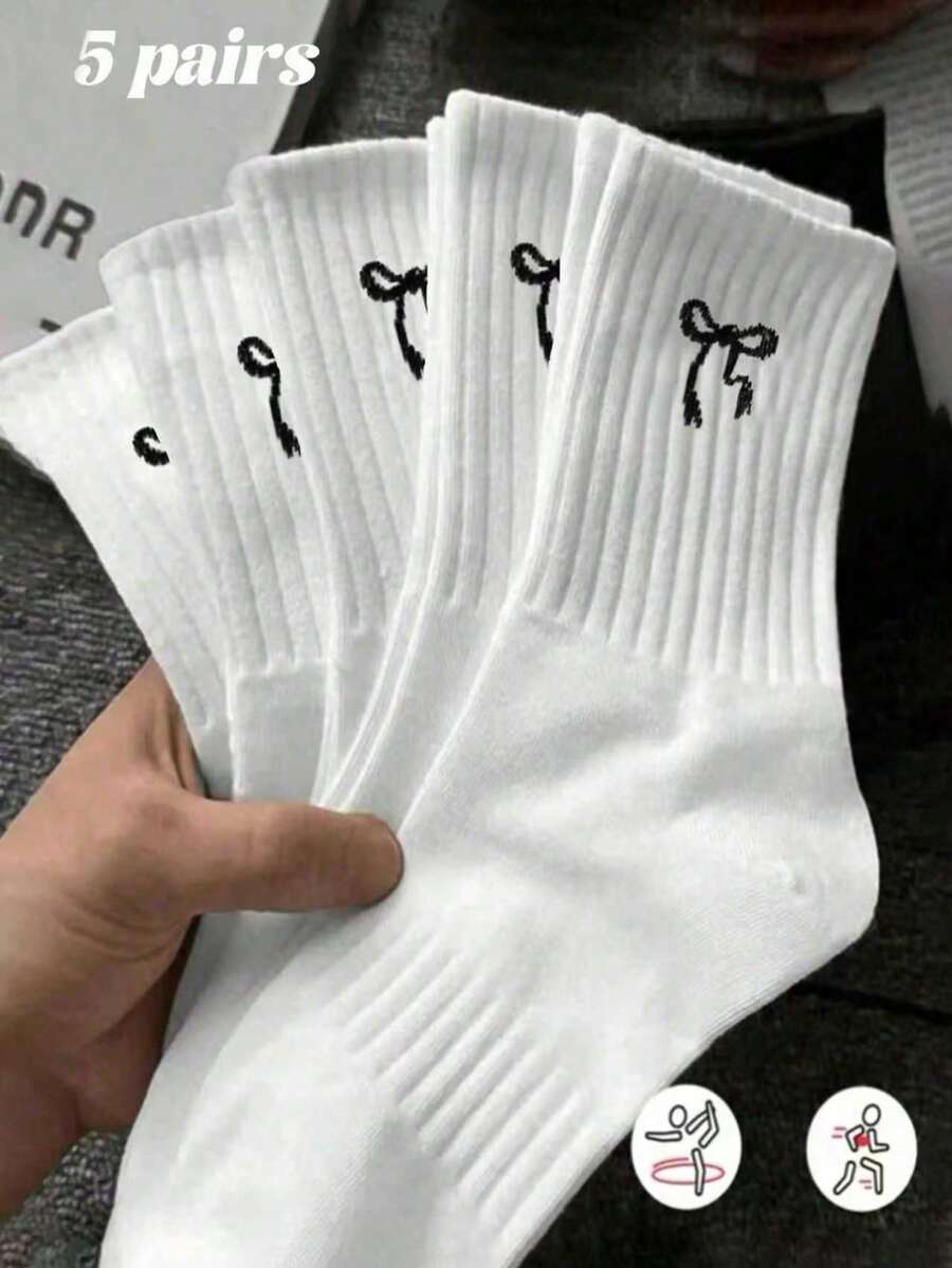 1/5 pares de meias femininas de cano médio com laço, meias casuais e respiráveis, adequadas para uso diário, esportes, escritório e todas as estações. - Branco - Ver 1