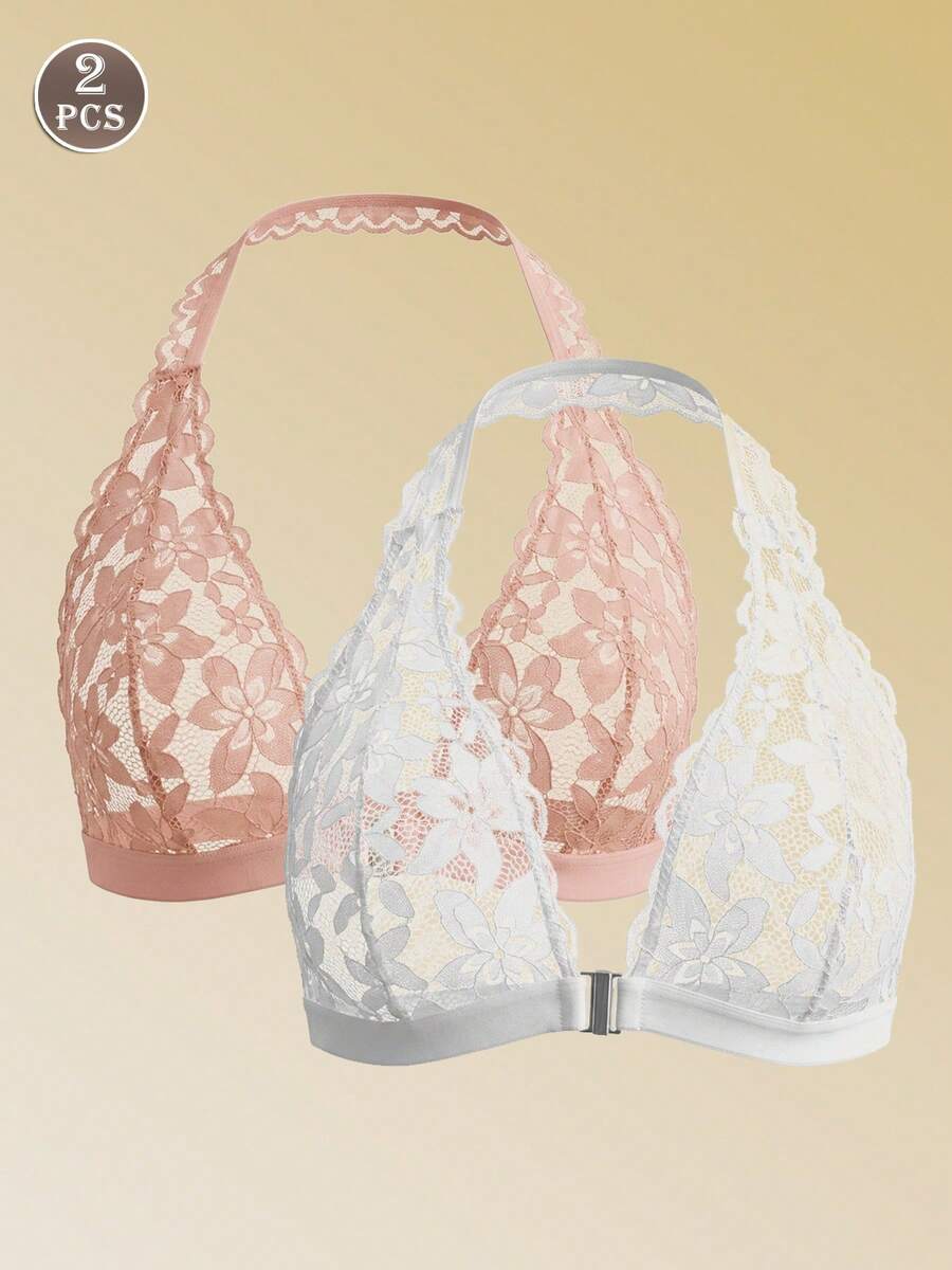 2件組女款純色性感蕾絲掛脖式內衣,美學風格 - 彩色 - 查看 1