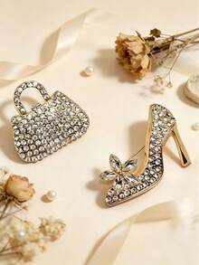 2 piezas Broche de zapato de tacón alto y bolso con strass, accesorio de vestido de fiesta de color dorado exagerado, joyería de mujer - Conjunto de dos piezas - Ver 3