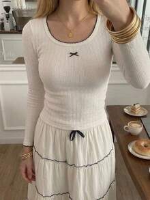 Women's Crew Neck Long Sleeve Ribbed White Top With Cute Bow Decor - Apricot - View 10