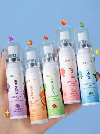 1 Stück 20ml Lufterfrischungsspray mit langanhaltender Duftentfaltung und deodorierendem fruchtigen Duft. Erhältlich in 5 Düften: Orange, Minze, Wassermelone, Pfirsich und Traube. Sanfter Duftnebel zum Auffrischen des Atems, geeignet für den täglichen Gebrauch oder zum Reisen.