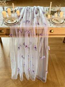 1pc Purple 3D Butterfly Sheer Tulle Table Runner, Flowy Mesh Gauze For Wedding Baby Shower Birthday Party, Romantic Ethereal Cake Table Scarf - Purple Butterfly - View 2