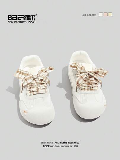 BEIER 1 Pair Contrast Color Casual Sports Shoes, Synthetic Leather Lace-Up Metal Eyelets, Breathable Mesh, Flat Sole, Outdoor Summer