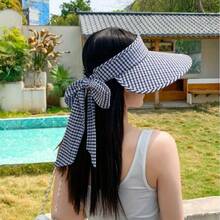 Women's Summer Breathable Hat - Elegant Plaid Wide Brim Visor With Adjustable Bow, Lightweight Non-Elastic Design Outdoor Beach Poolside Activities, Beach Hat, Poolside Accessory, Highquality Embroidery - Màu xanh lam - Xem 5