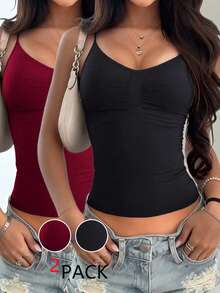 Solid Color Chest Pleated V-Neck Spaghetti Straps Slim-Fitting And Shaping Camisole 2-Pack Spring And Summer Date Tops For Hot Girls - Multicolor - View 1