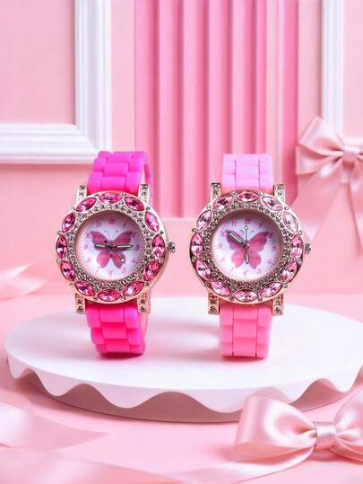 Children's Gift, Soft Silicone Strap Luxury Crystal Butterfly Quartz Watch, Fashionable Wristwatch For Girls