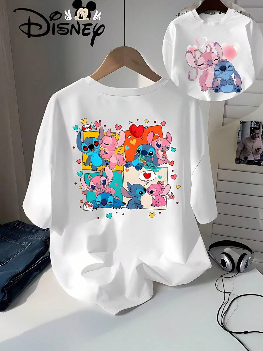 Disney-Themed Short-Sleeve T-Shirt Featuring Multiple Poses Of Stitch And Lilo In Blue And Pink, Paired With A Red Heart, Yellow Speech Bubble, And Gradient Background. This Warm And Cute Disney-Style Summer New Arrival Is - 白色 - 查看 1