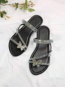 Damen Mode Strass Flache Slip-On Pantoffeln, vielseitig einsetzbar für Strand, Lässig Ausflüge, Partys, Geschäftsreisen - Schwarz - Übersicht 6