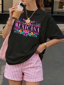 Camiseta Negra Mexicana con Estampado Floral y Texto para Verano - Negro - Ver 1