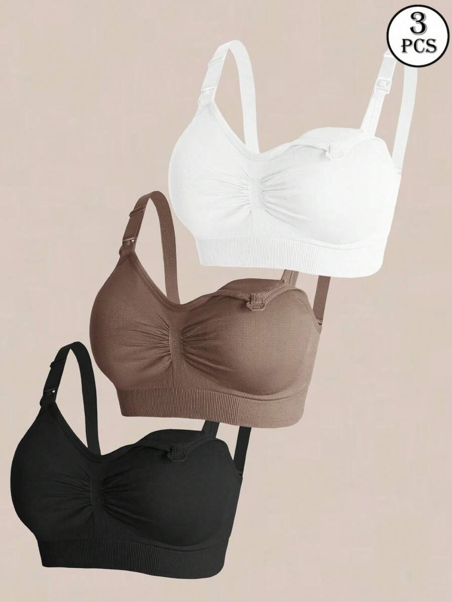3pcs Nylon Maternity Bras, Maternity Wireless Front Closure Nursing Bras, Adjustable Lift And Support Nursing Bras