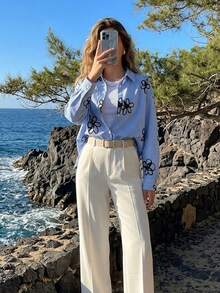 Áo sơ mi dài tay kẻ sọc dành cho nữ, cài cúc phía trước, phong cách bohemian thường ngày, thích hợp cho mùa xuân và mặc hàng ngày. - Màu xanh lam - Xem 4