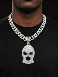 1pc Creative Mask Shaped Pendant & 1pc Fully Rhinestoned Glass Cuban Chain, Men's Hip Hop Mask Pendant Necklace, Fashionable Retro Punk Jewelry, Suitable For Daily Wear Or Parties, 2 Chain Options Available - Silver - View 12