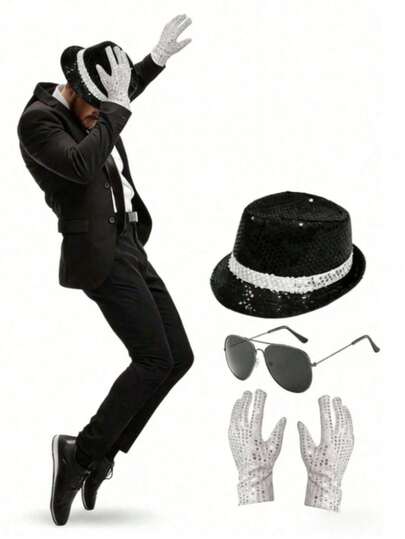 Classic Outfit 3 Pieces Set: Hat, Fashion Glasses, Gloves. Vintage Disco Sequin Hat Costume, Stage Performance COS Props, Halloween Costume, 80s/90s Retro Disco Party, Celebrity Theme COS Party, Retro Birthday Party. One Set Can Quickly Create A Classic Stage Look, Atmosphere Directly Maximized.