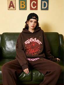2-Piece Set, Sports Set, Casual Set,Y2K Men's Hooded Sweatshirt Sweatpants, Spider Web Pattern, Letter Print, Colorful Stars, Street Punk Style, Casual Fitted,Autumn, Winter, And Spring, Graphic Hoodie Casual Pants - Brown Suit - View 2