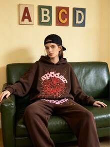 2-Piece Set, Sports Set, Casual Set,Y2K Men's Hooded Sweatshirt Sweatpants, Spider Web Pattern, Letter Print, Colorful Stars, Street Punk Style, Casual Fitted,Autumn, Winter, And Spring, Graphic Hoodie Casual Pants - Brown Suit - View 3