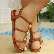 Sandal đế bằng màu nâu phong cách Boho dành cho nữ, đính hạt vàng, hở mũi, quai thun co giãn, thích hợp cho mùa hè đi biển và đi chơi hàng ngày. - Vàng - Xem 5